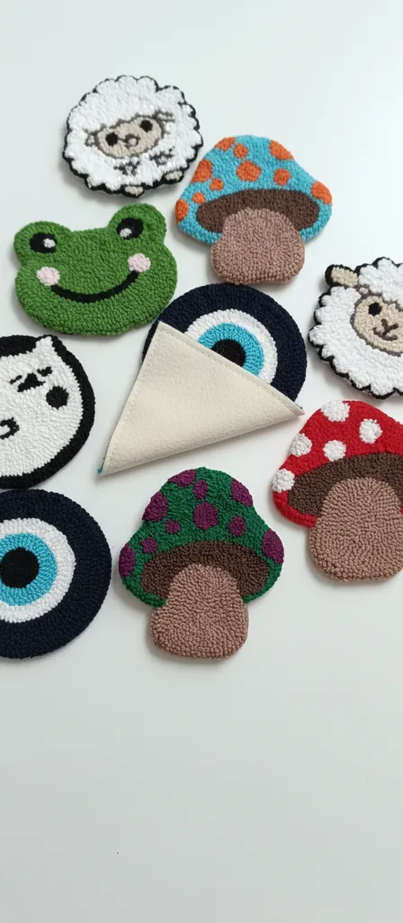 Yeşil ve Mor Desenli Mantar Punch Nakışı Bardak Altlığı - El Yapımı