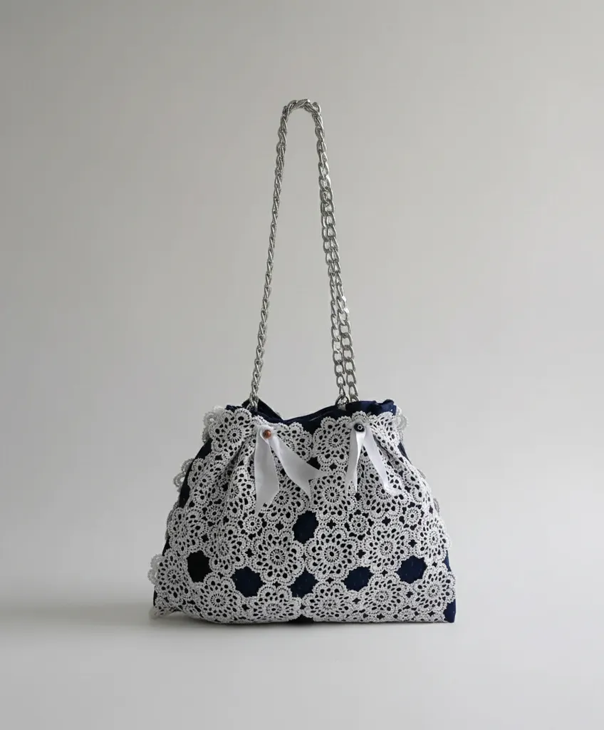 Zincir Askılı Dantel Detaylı Mavi Çanta - Özel Tasarım El Emeği