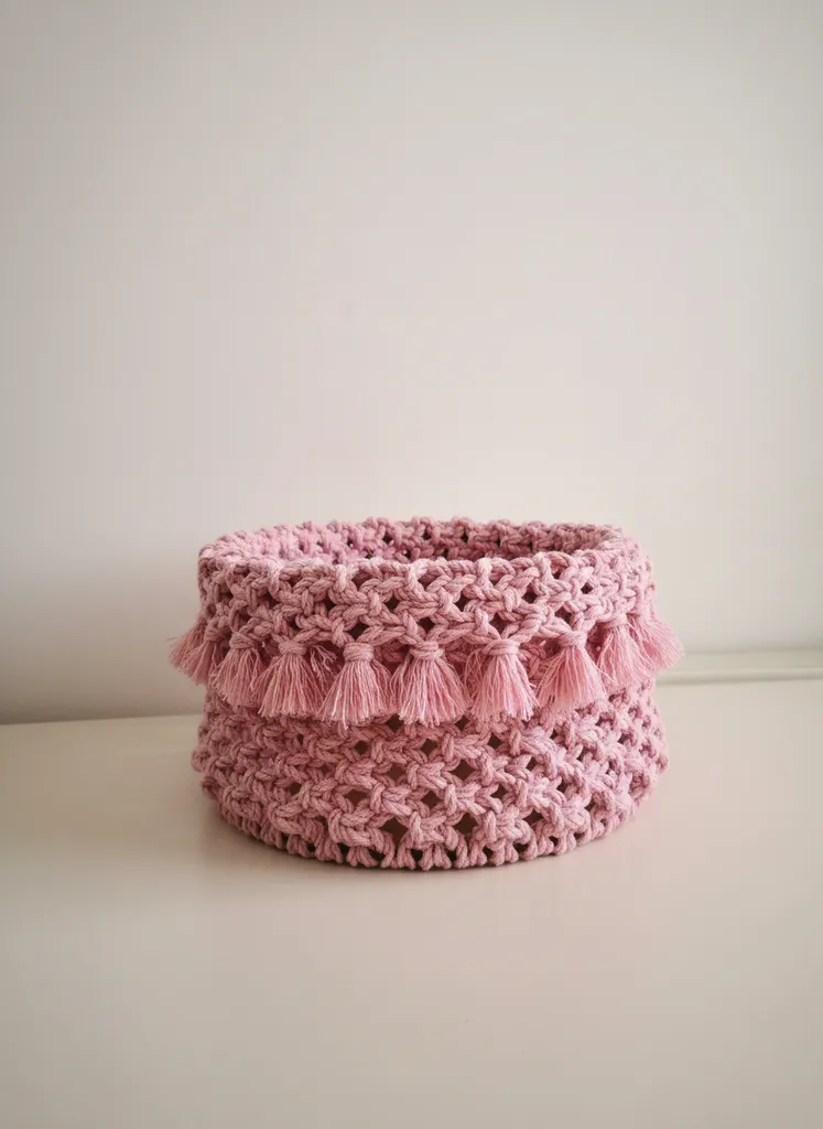 Pembe Makrome Sepet - Bohem Tarzı El Yapımı Dekoratif Organizer