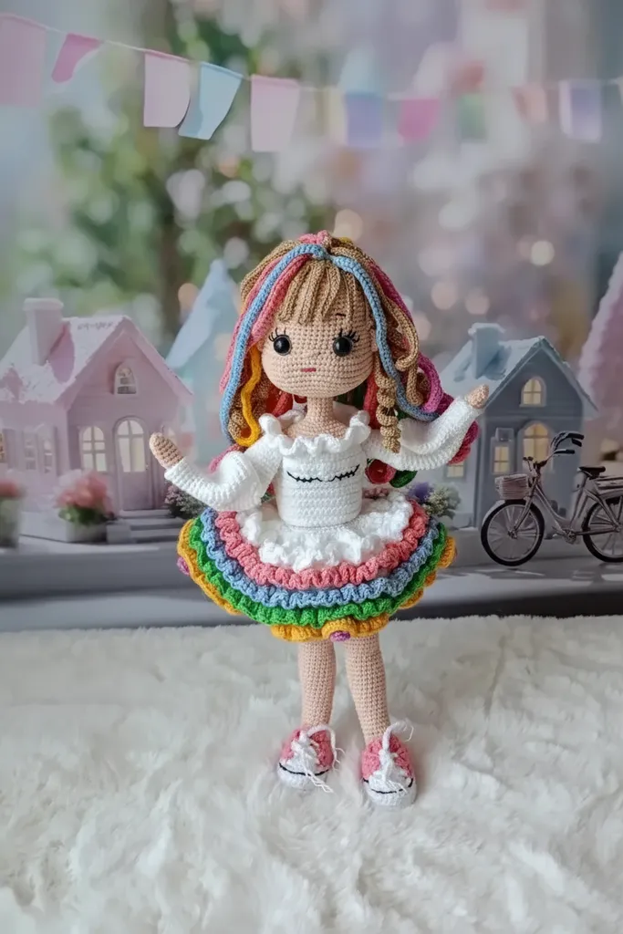 Renkli Saçlı Amigurumi Bebek - Çıkarılabilir Giysili, El Örgüsü Oyuncak