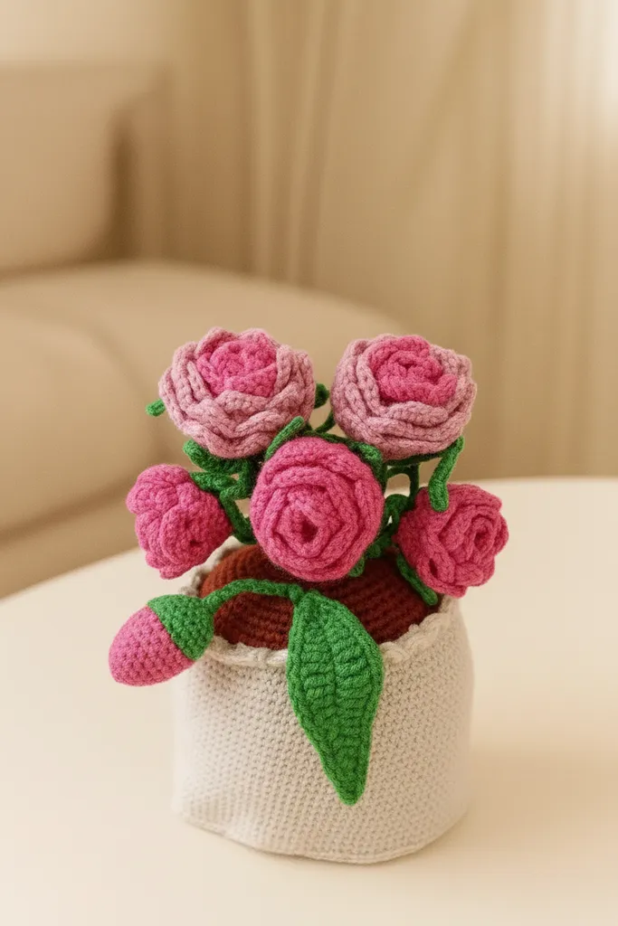 Pembe Gül Aranjmanı - Örgü Saksıda Tığ İşi El Örgüsü Çiçek