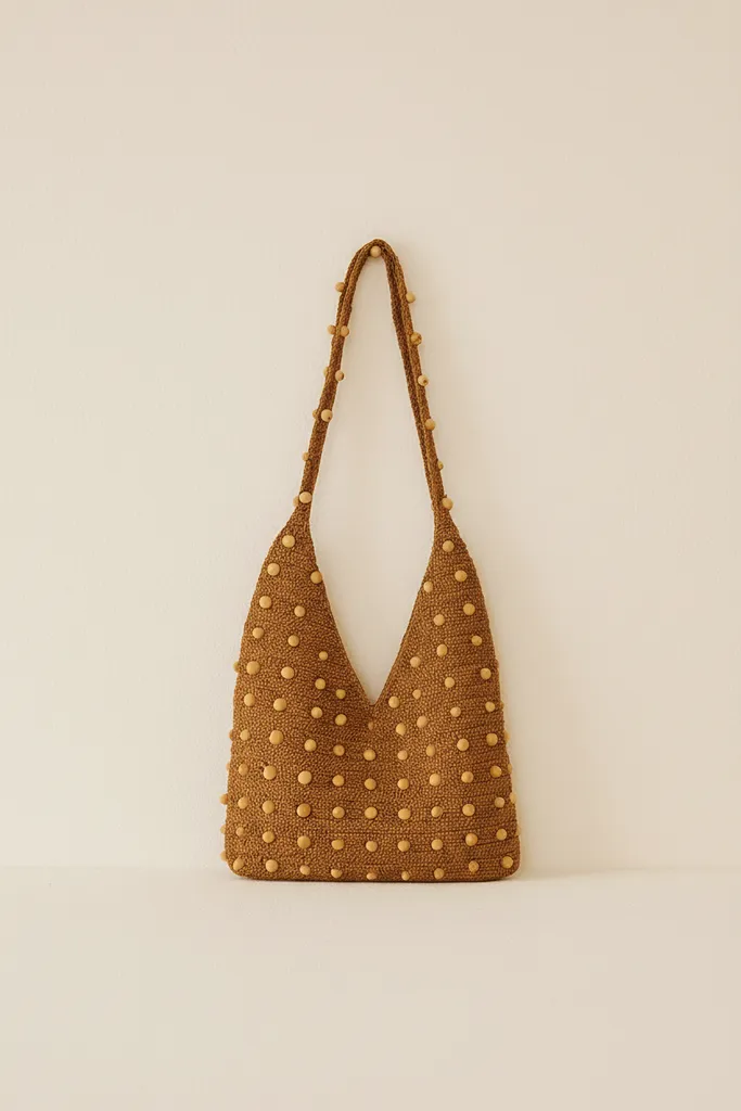 Hasır Rengi Makrome Örgü Boncuk Detaylı Omuz Çantası - El Emeği