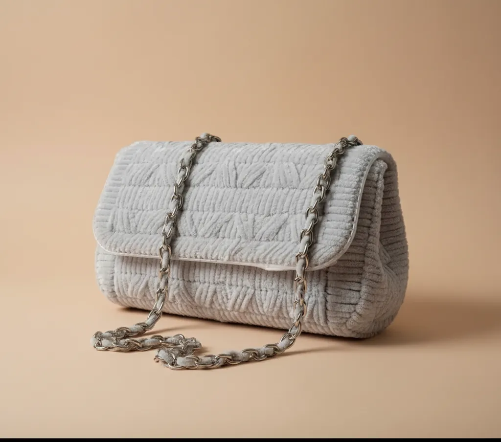 Gri Kadife İpli Kanvas Omuz Çantası - Zincir Askılı, Orta Boy