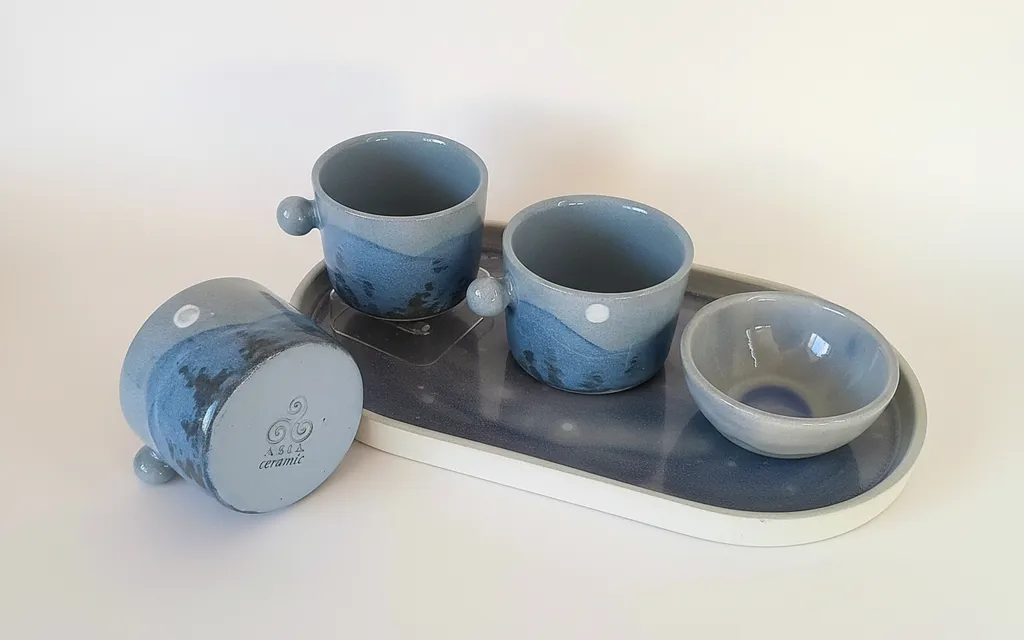 Mavi Tonlarda Seramik Kahve Sunum Takımı - El Yapımı Tasarım