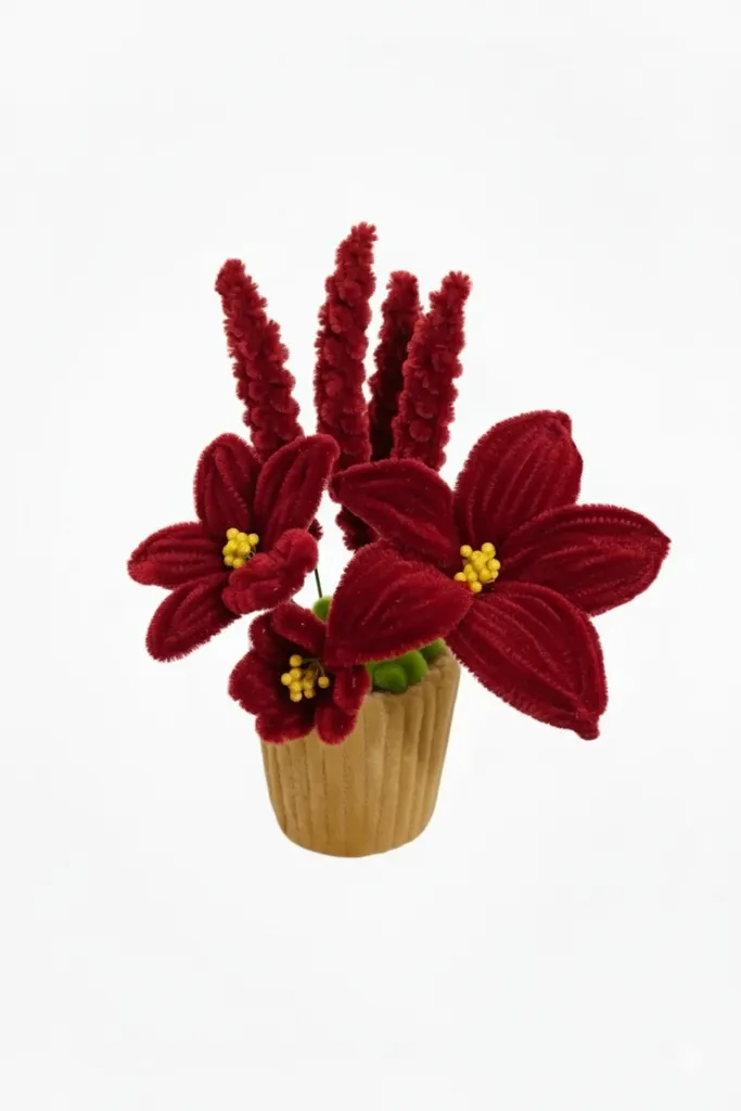 Bordo Şönil Çiçeği Kadife Alev Saksıda - Dekoratif El Emeği