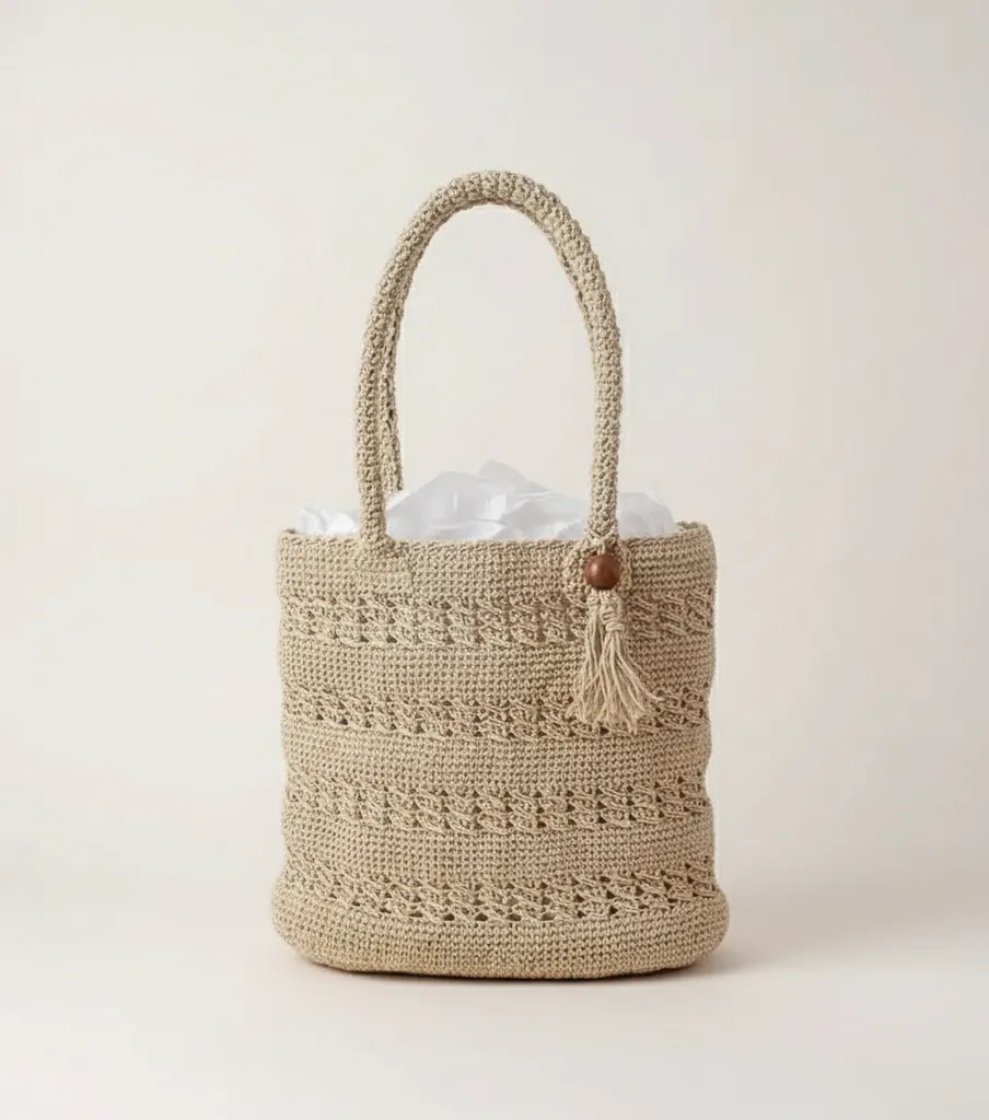 Bej Renk Kağıt İp Örgü Omuz Çantası - El Emeği Tasarım