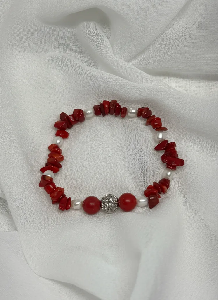 Doğal Mercan Taşı ve İnci Detaylı Şık Bileklik - Enerji Yükseltici