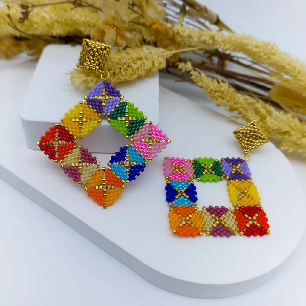 Renkli Kare Miyuki Boncuk Küpe - El Emeği Tasarım Takı