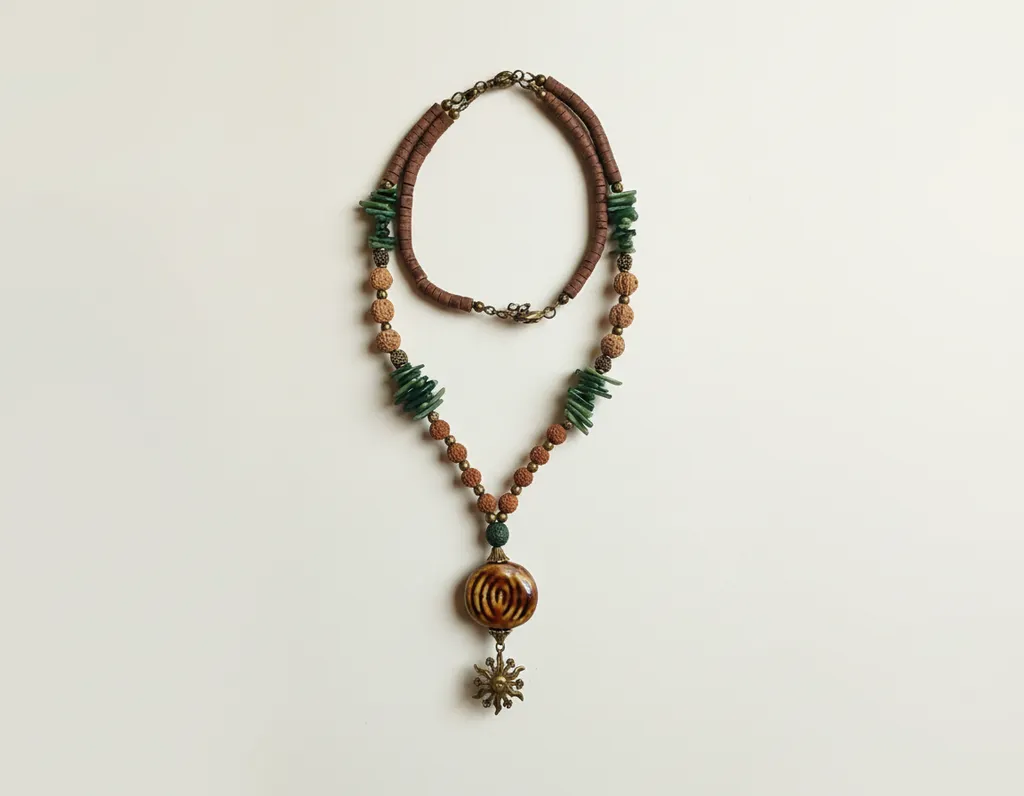 Rudraksha Tohumlu Güneş Figürlü El Yapımı Bohem Kolye