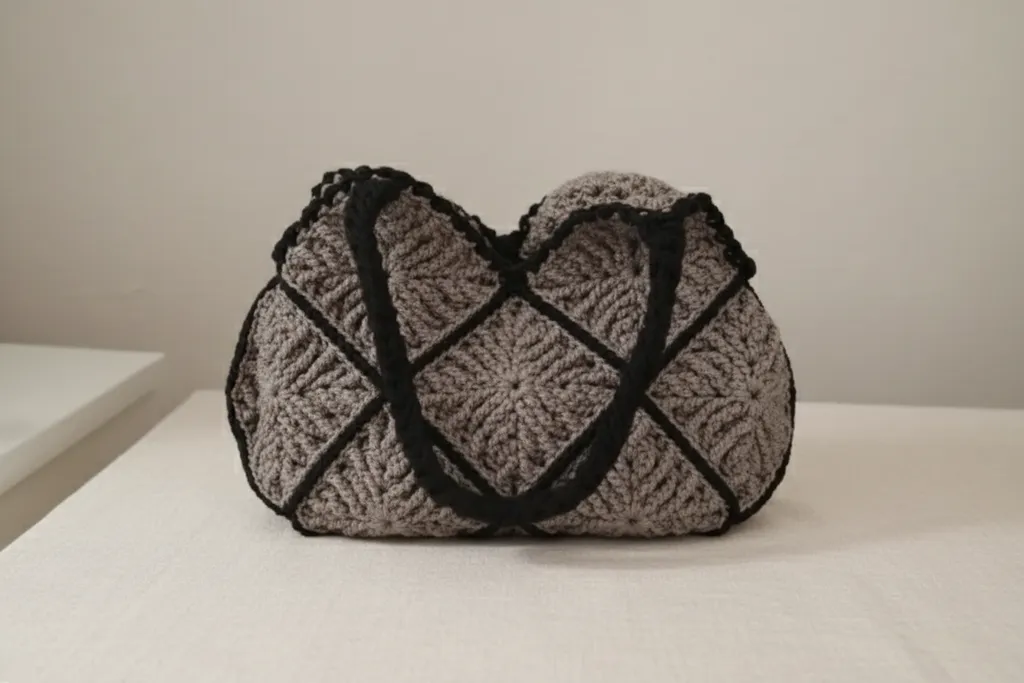 Gri Yıldız Desenli Makrome Örgü Omuz Çantası - El Emeği