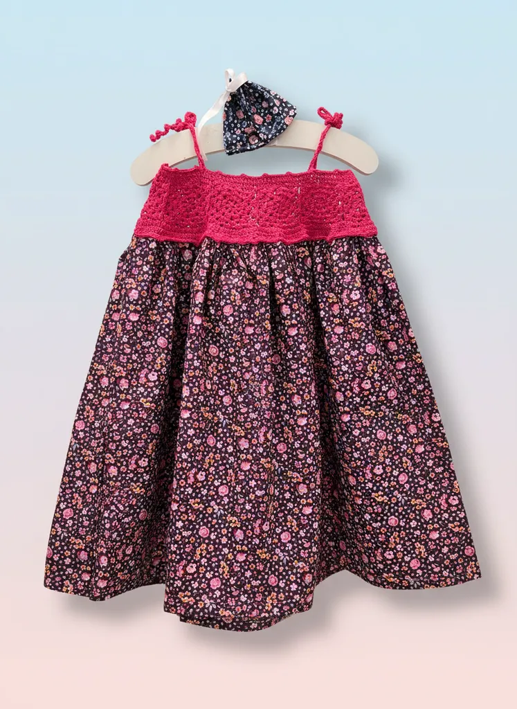 Kız Çocuk Çiçek Desenli Poplin Elbise - Pembe El Örgüsü Detaylı