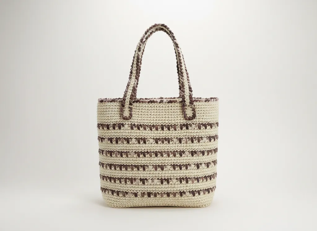 Krem ve Kahverengi Detaylı Kağıt İplik Kadın Kol Çantası - El Örgüsü