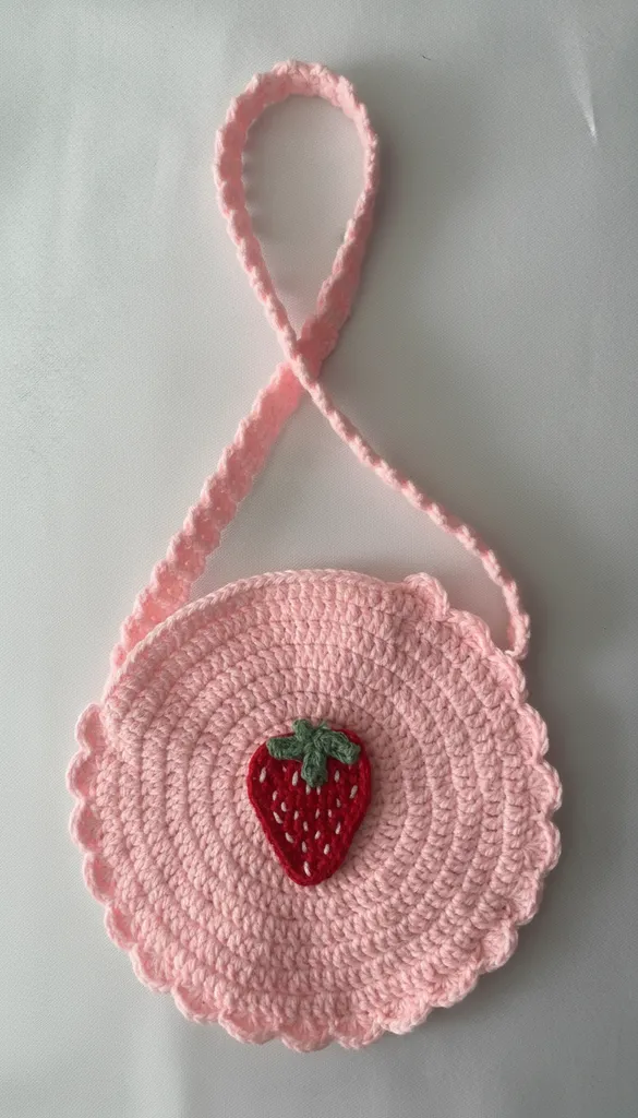 Örgü Pembe Çilek Desenli Kız Çocuk Omuz Çantası - El Emeği