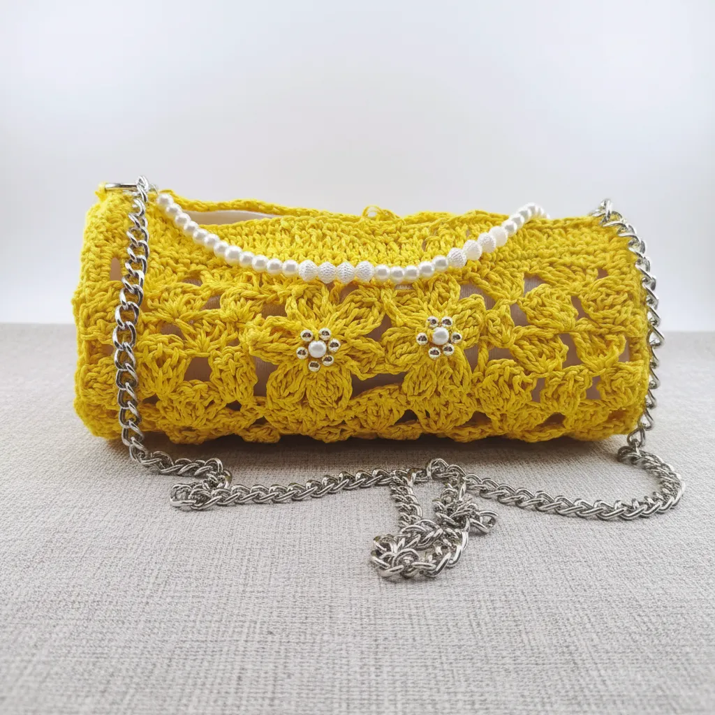 Sarı Kağıt İp Örgü Bayan Omuz Çantası - Zincir Detaylı EG Design