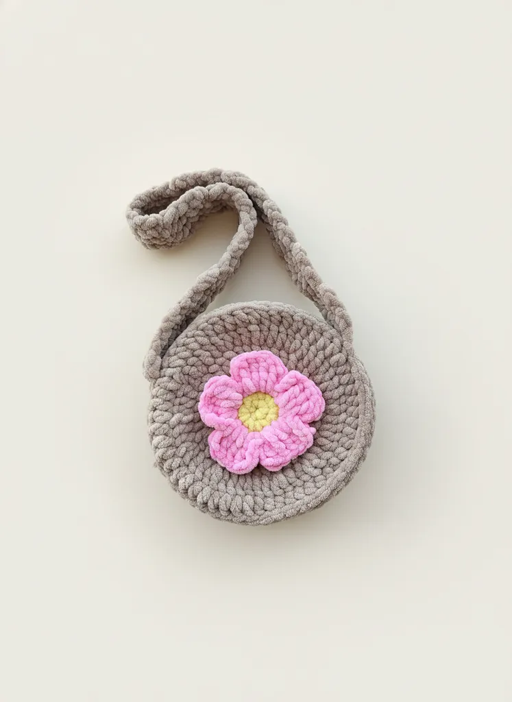 Kadife İpten Örgü Çiçek Desenli Çocuk Çantası - El Yapımı