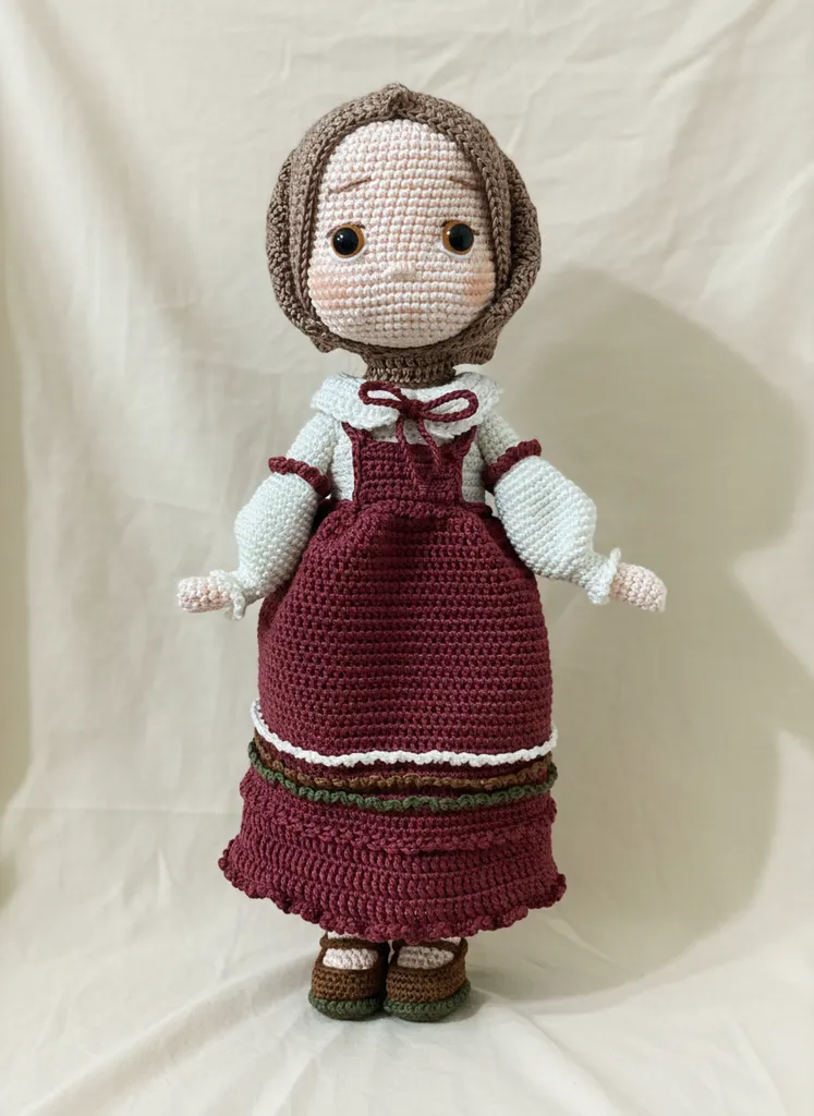 35 cm Bordo Elbiseli Amigurumi Bebek - El Emeği Oyuncak Bebek