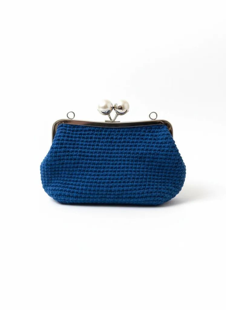 Mavi Örgü Portföy Çanta - İnci Detaylı, Metal Klipsli - El Emeği