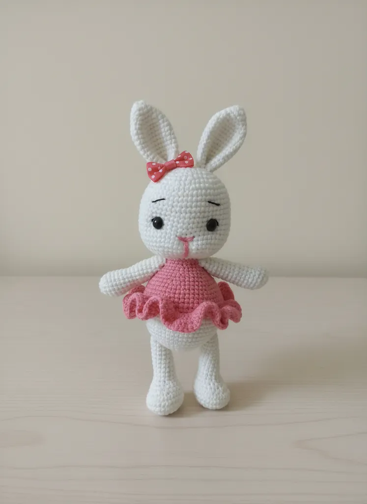 Beyaz Amigurumi Tavşan Oyuncak - Pembe Elbise ve Fiyonklu El Emeği