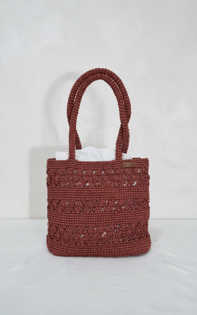 Bordo Kağıt İpten Örme Çanta - Astarlı ve Fermuarlı, El Emeği