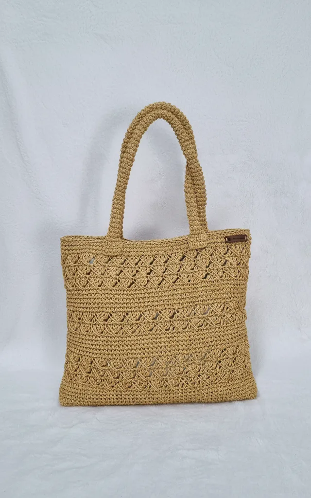 Kağıt İpten Örme Hardal Sarısı Omuz Çantası - Astarlı ve Fermuarlı