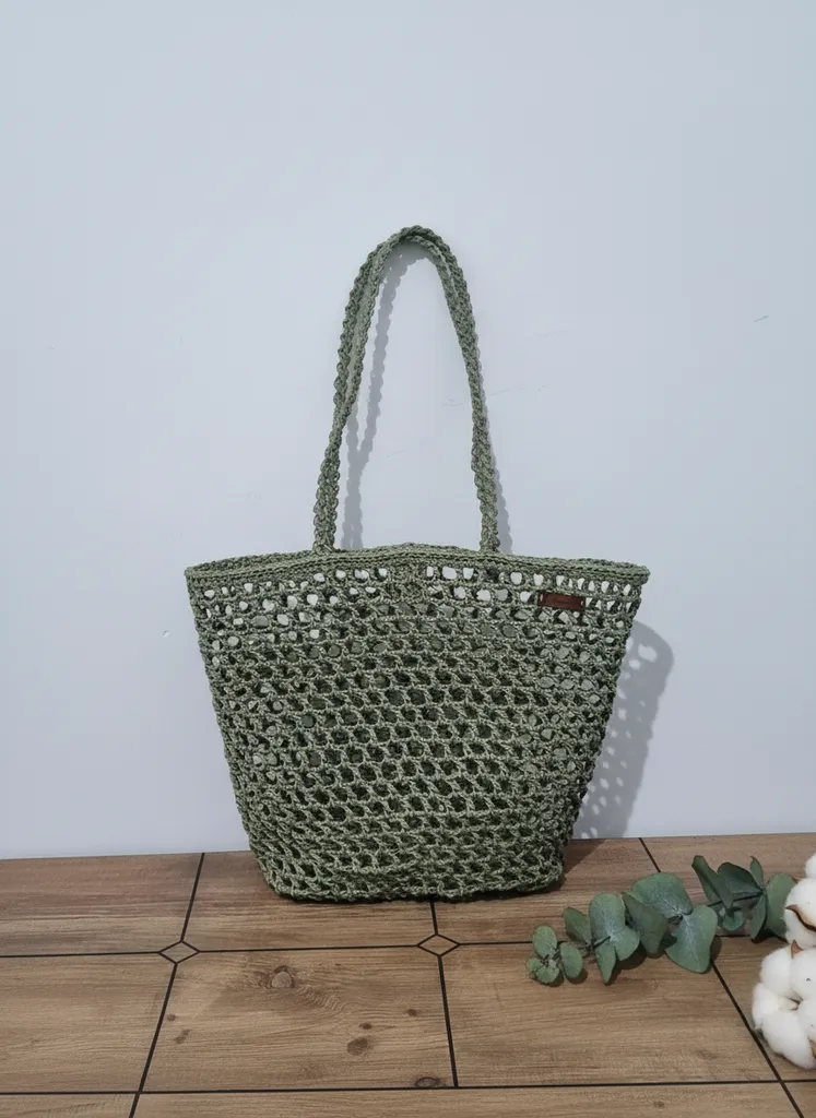 Yeşil Kağıt İpten Örgü File Çanta - Plaj ve Pazar Alışverişi