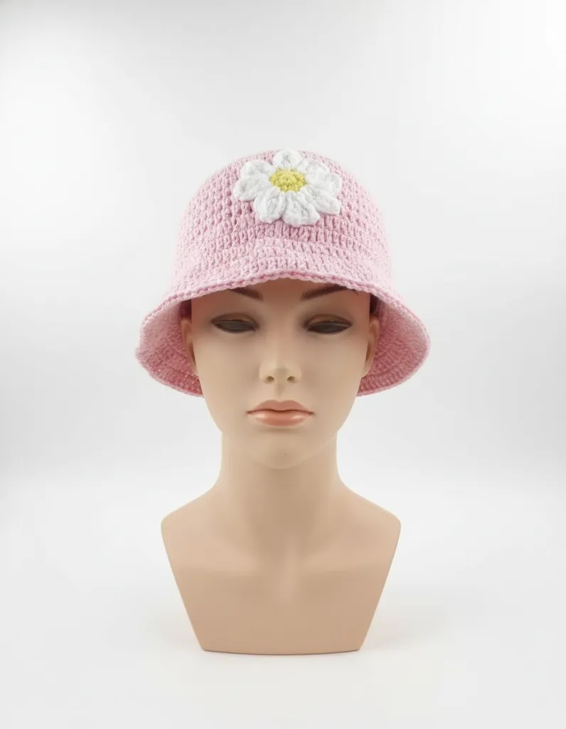 Pembe Örgü Bucket Şapka - Papatya Motifli, El Emeği