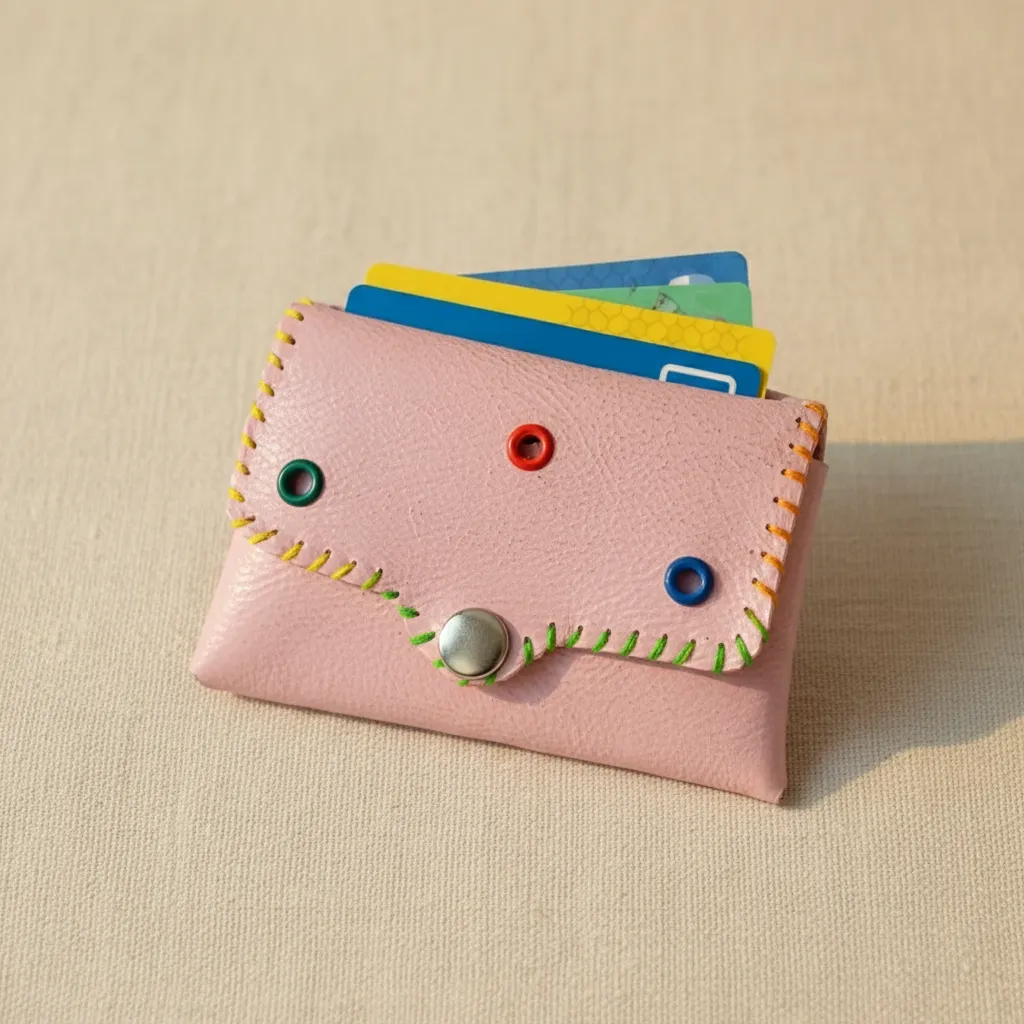 Pembe Hakiki Deri El Dikişi Kartlık & Cüzdan - Vintage Model