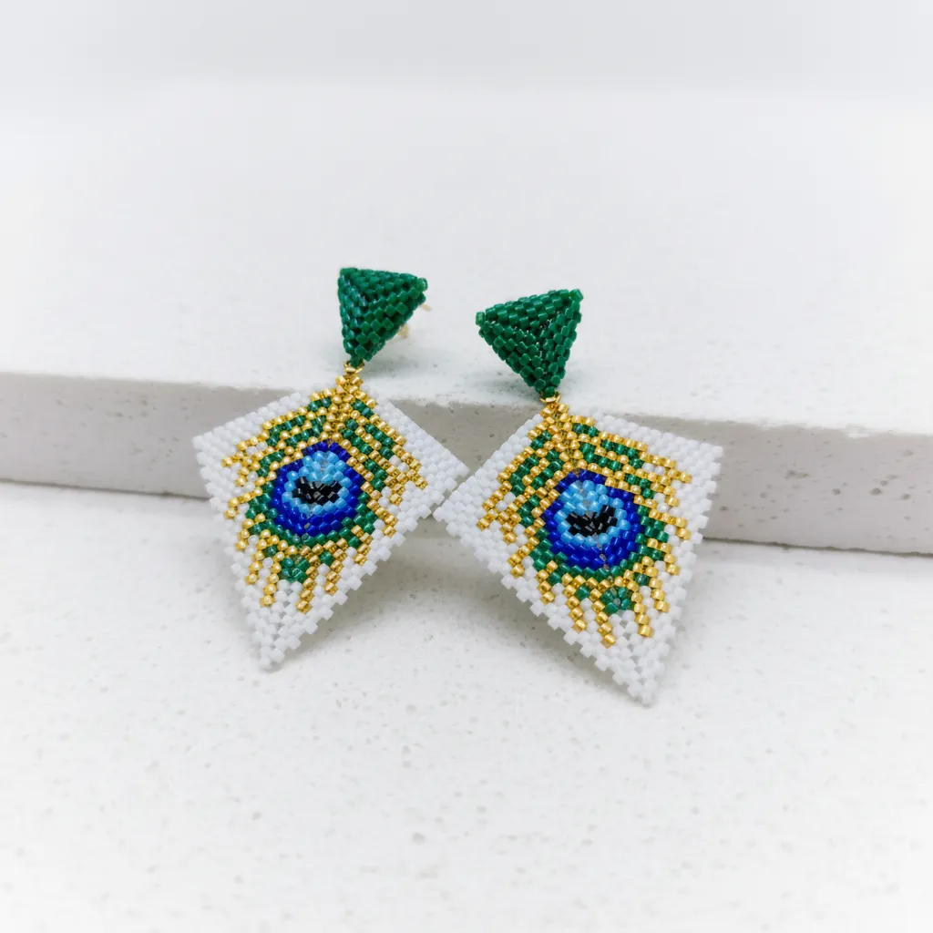 Yeşil ve Beyaz Renkli Miyuki Boncuk Tavuskuşu Gözü Küpe