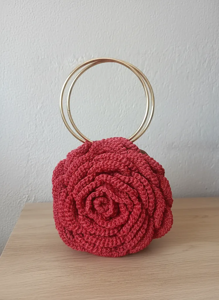 Kırmızı Gül Desenli Örgü Çanta - Altın Renkli Halka Saplı - El Emeği