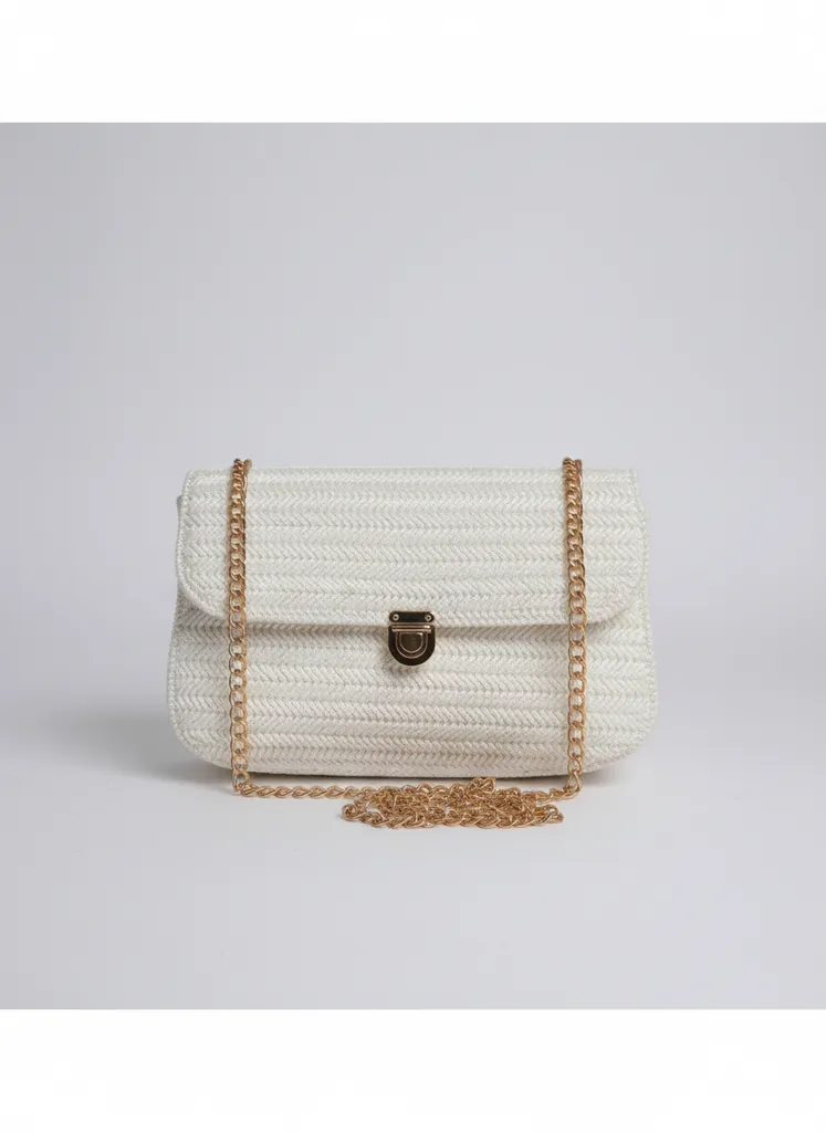 Krem Rengi Makrome Örgü Omuz Çantası - Zincir Askılı Şık Tasarım