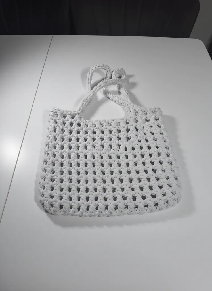 Açık Gri Renk Örgü Çanta - Penye İpten El Yapımı Plaj Çantası