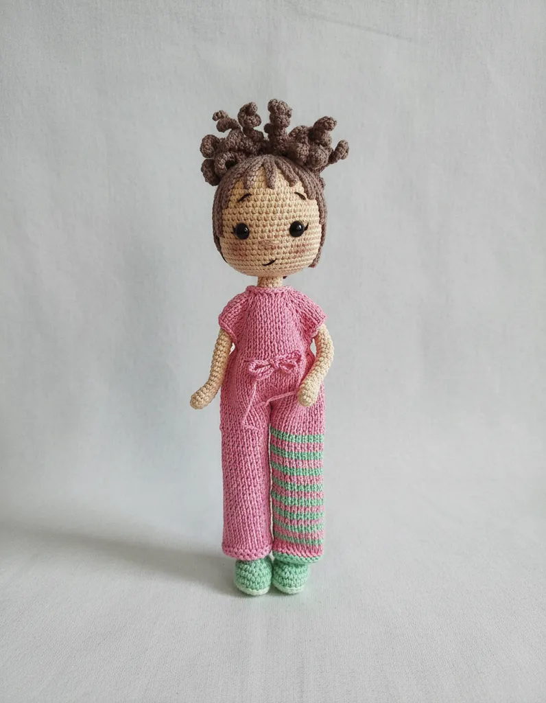 Pembe Tulumlu Amigurumi Bebek - 30 cm Boyunda - El Emeği Oyuncak Bebek