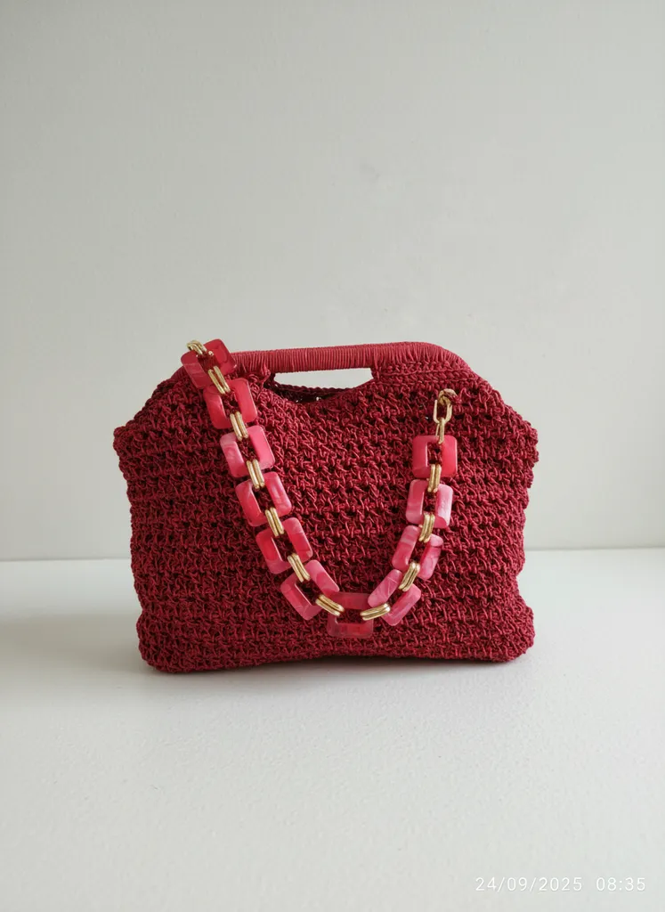Bordo Makrome Örgü Omuz Çantası - Akrilik Zincir Detaylı - El Yapımı