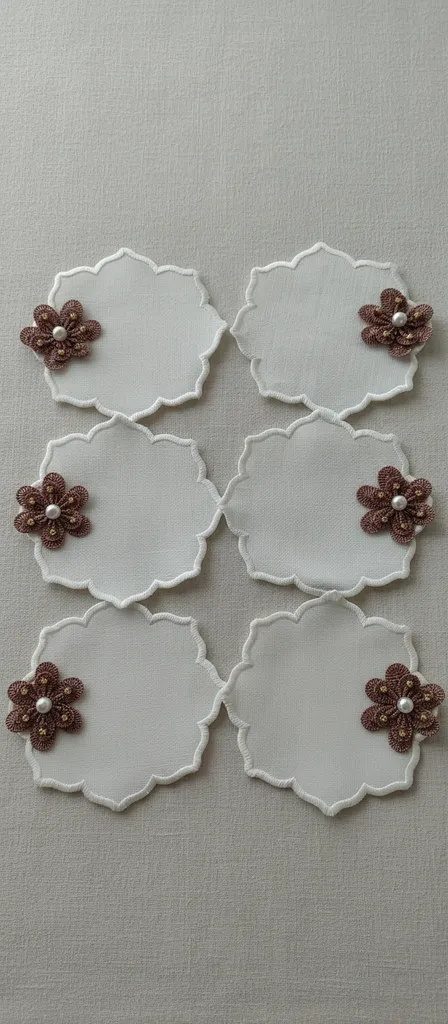 İnci ve Taş İşlemeli Kahve Sunum Peçetesi (6'lı Set)