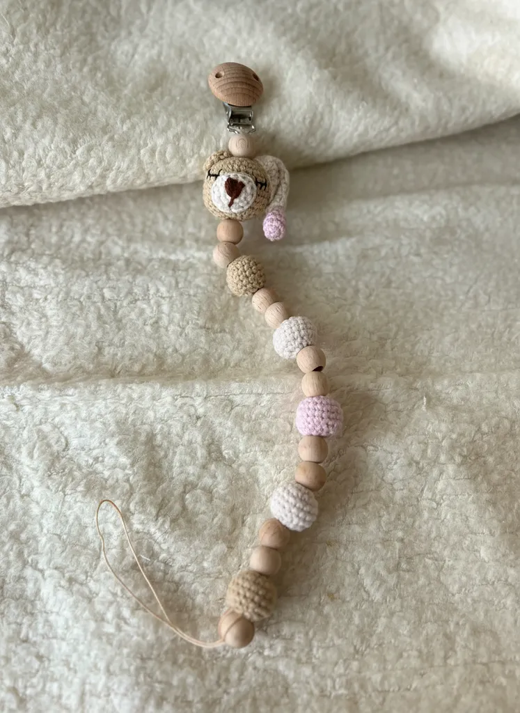 Ahşap Boncuklu Örgü Oyuncak Ayıcıklı Emzik Zinciri - El Yapımı
