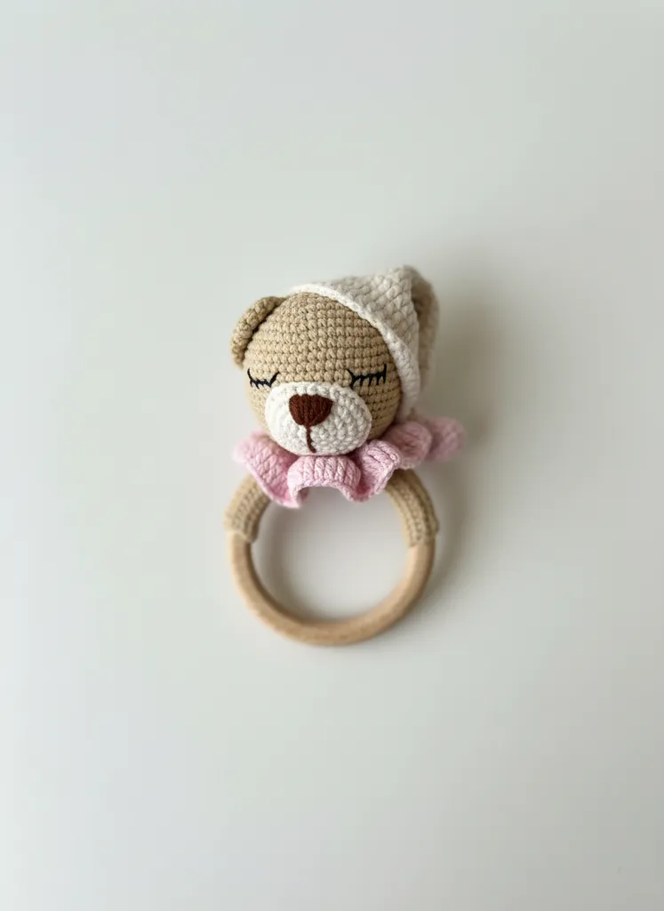 Örme Uyku Tulumlu Ayıcık Bebek Çıngırak - Ahşap Halkalı El Yapımı