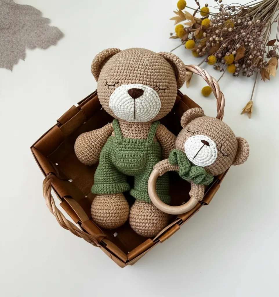 Yeşil Tulumlu Uyku Arkadaşı Örgü Ayıcık ve Ahşap Çıngırak Seti