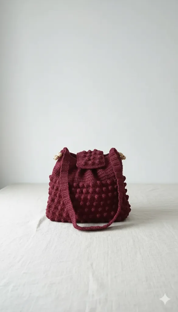 Bordo Ponponlu Makrome Örme Omuz Çantası - Yandan Büzgülü El Emeği