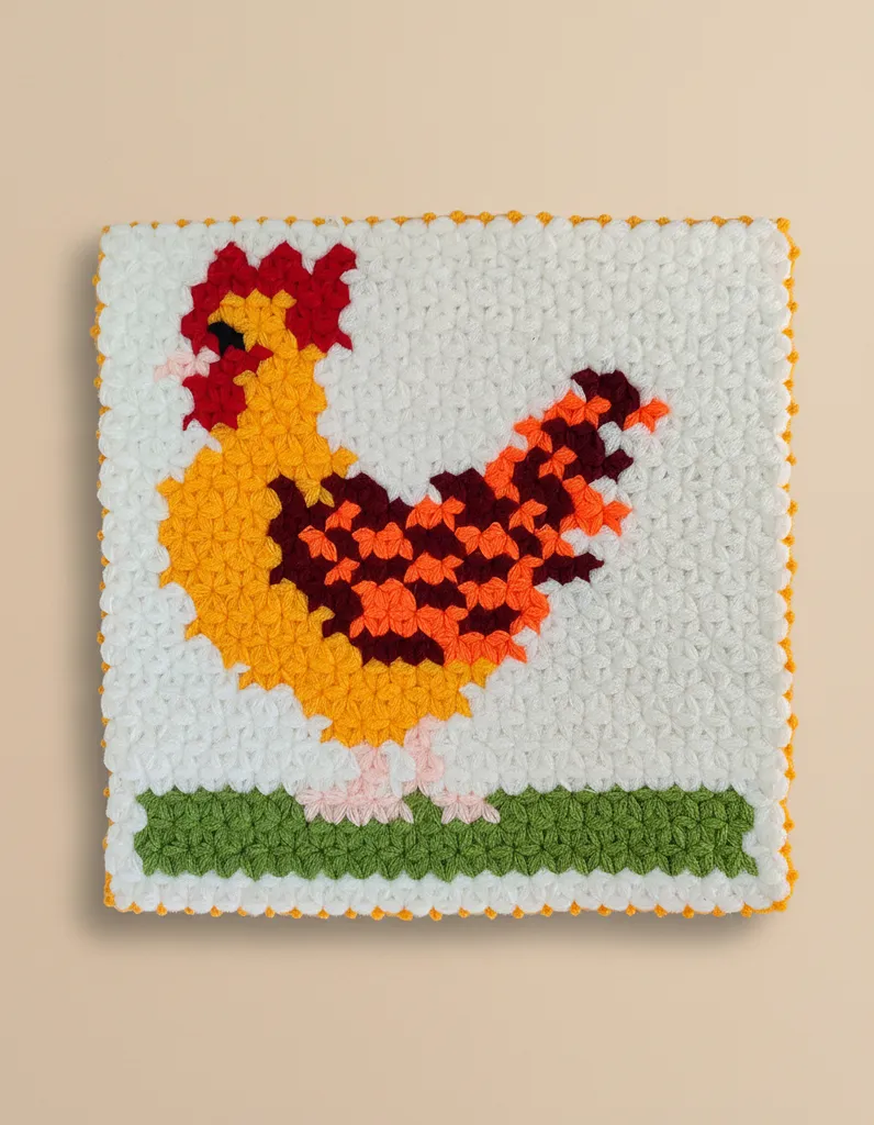 Sarı Horoz Desenli Banyo Lifi - 31x31 cm El Emeği