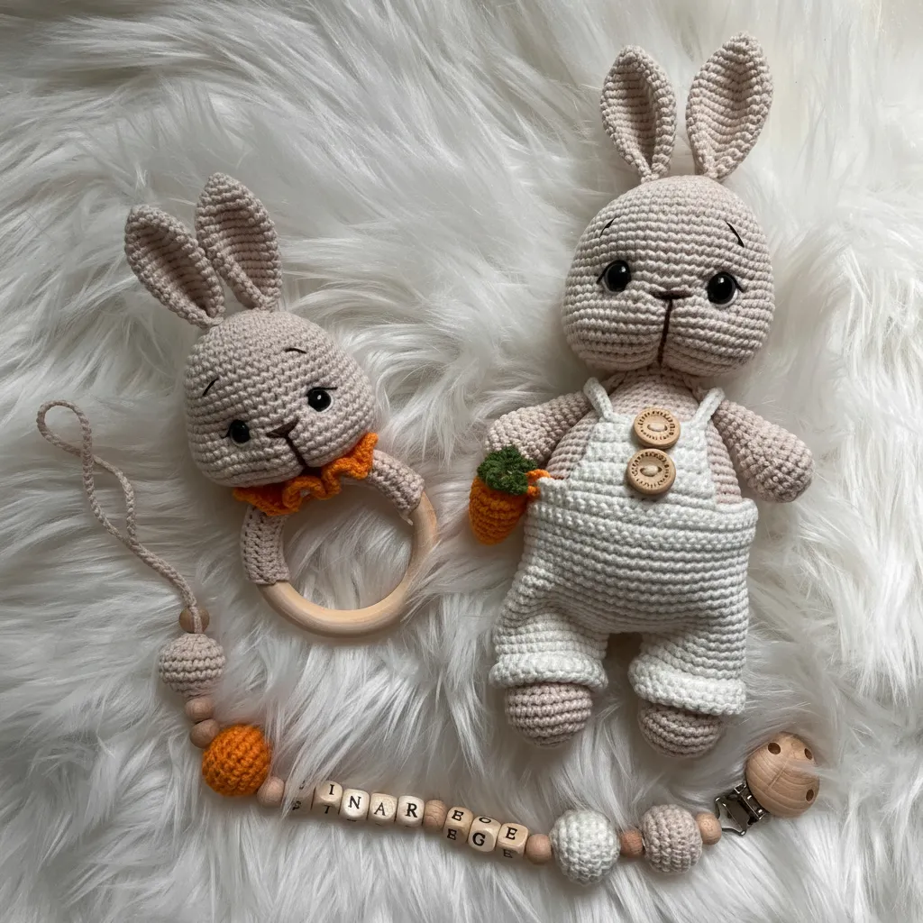 Amigurumi Tavşan Oyuncak Seti - Havuçlu ve Ahşap Halkalı Çıngıraklı
