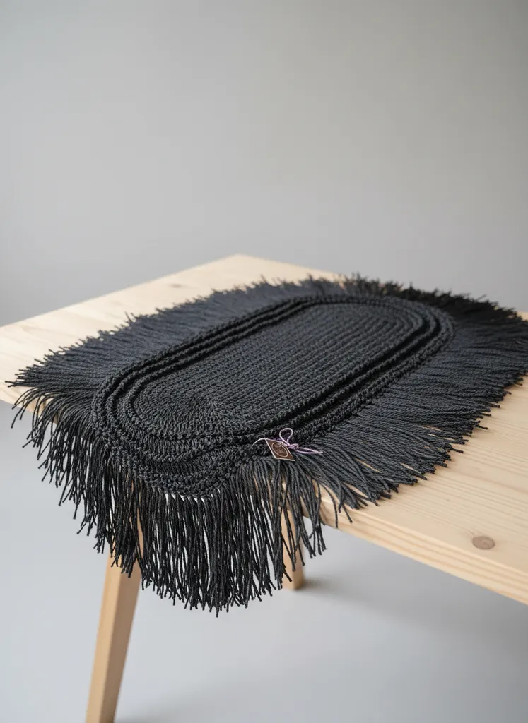 Siyah Makrome Ranır - Püsküllü, Bohem Stil Masa Örtüsü 140cm