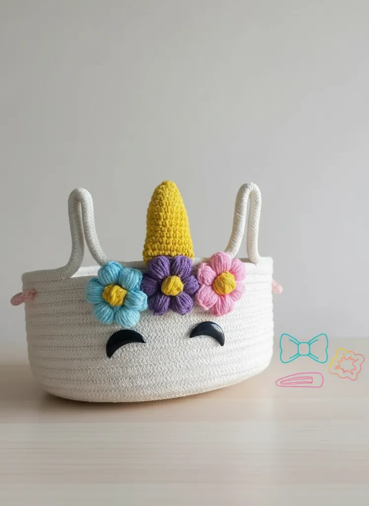 Pamuk İpinden Örme Unicorn Sepet - El Emeği Çocuk Odası Dekorasyonu