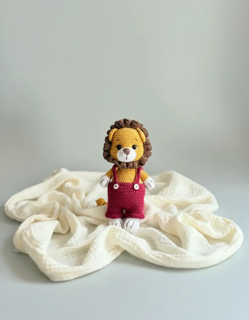 Örgü Aslan Amigurumi Oyuncak Bebek - Tulumlu, El Yapımı Hediye
