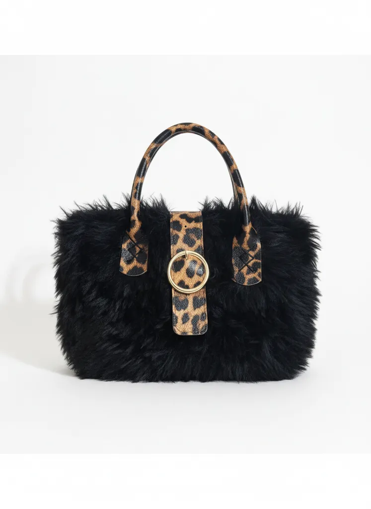 Siyah Tüylü Leopar Detaylı Omuz Çantası - El Yapımı Özel Tasarım