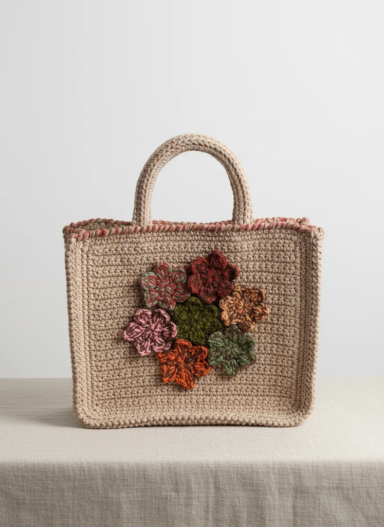 Bej Renkli Çiçek Detaylı Örgü Omuz Çantası - El Emeği