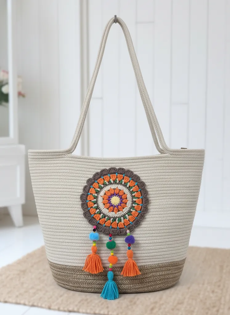 Kordon İp Plaj Çantası - Mandala Desenli ve Püsküllü - El İşçiliği