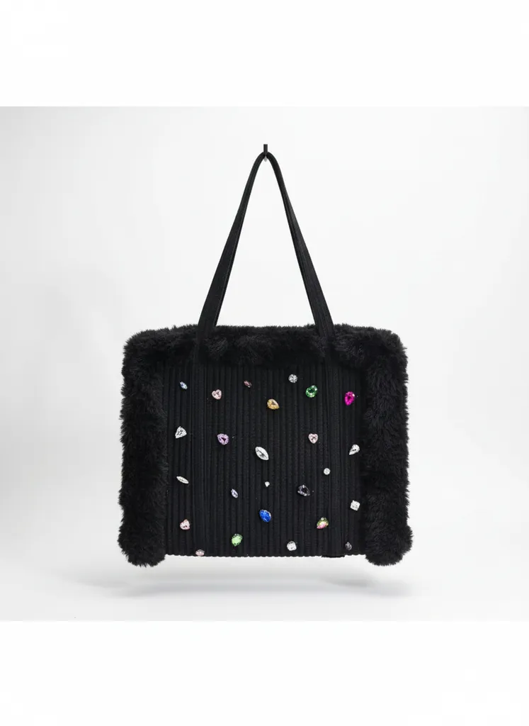Siyah Kord İp Tote Çanta - Kürklü ve Taş Detaylı Kokoş Model