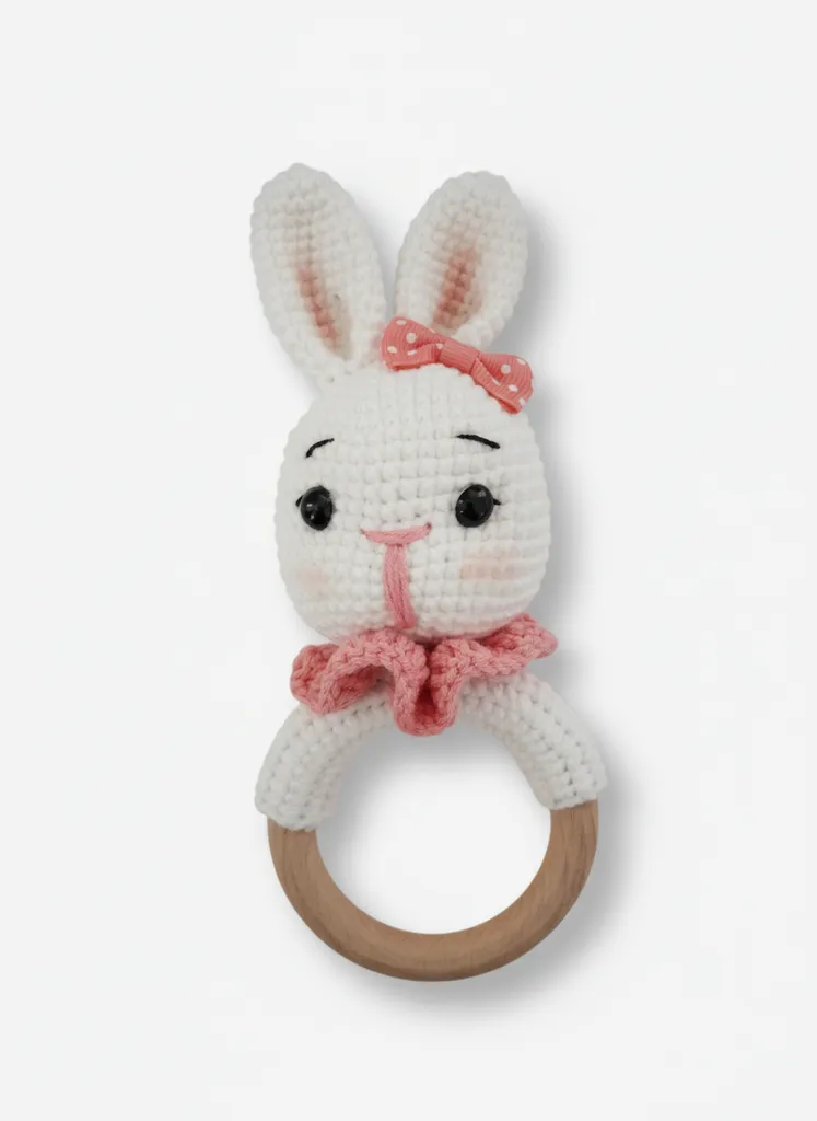 Ahşap Halkalı Amigurumi Tavşan Diş Kaşıyıcı - El Emeği Oyuncak