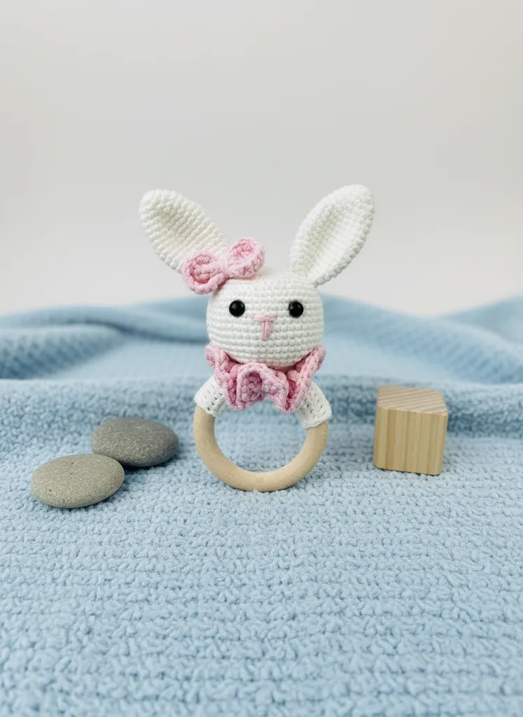 Beyaz Örgü Tavşan Amigurumi Bebek Çıngırak - Ahşap Halkalı Oyuncak