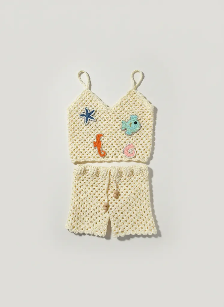 Krem Rengi Deniz Temalı Örgü Yazlık Bluz Şort Takımı